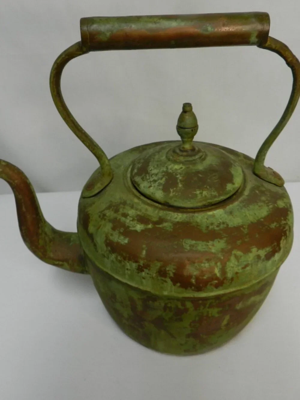 Antique Vintage Copper Tea Kettle Goose neck Spout green patina Handle 12